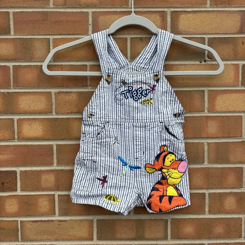Vintage Disneyland Pinstripe Tigger Overall Shortall Sz 24 Mos Winnie The Pooh